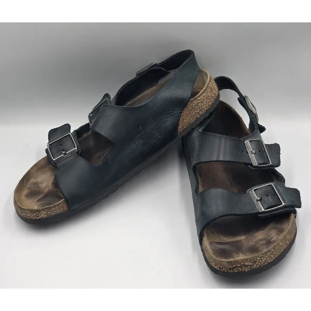 Birkenstock Milano Black Oiled Leather Sandals Men's EU 46 US 13 Adjustable